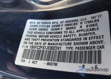 2018 Honda Civic Lx from USA, damaged, VIN 19XFC2F57JE002241